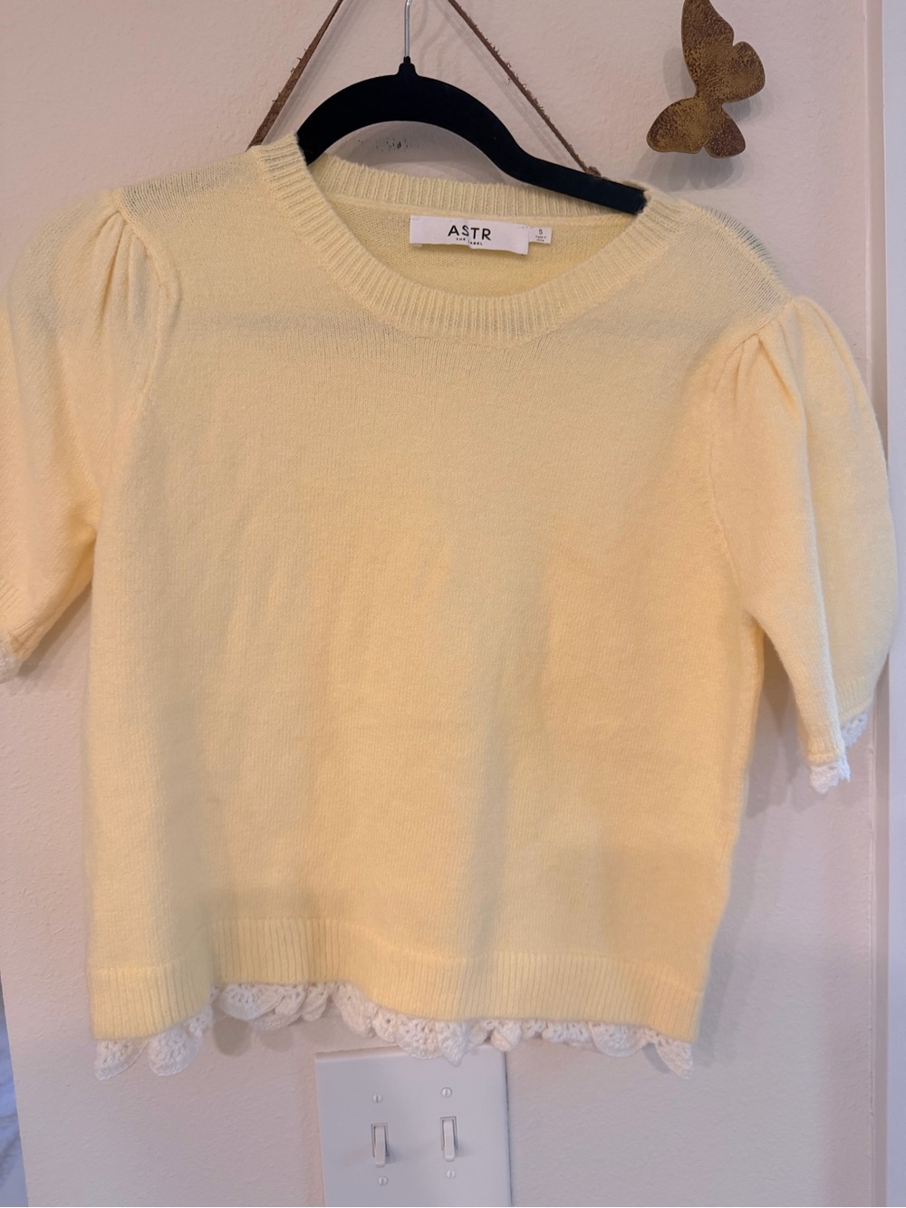 ASTR Pale Yellow Puff Sleeve Knit Top with Crochet Hem